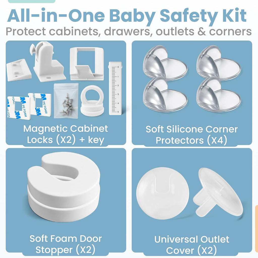 Safeborn Baby Safety Kit – Baby Proof Cabinet Locks, Magnetic Cabinet Locks, Child Safety Outlet Covers, Table Corner Covers Baby Safety – Drawer Locks Baby Proofing – Gifts for New Mom