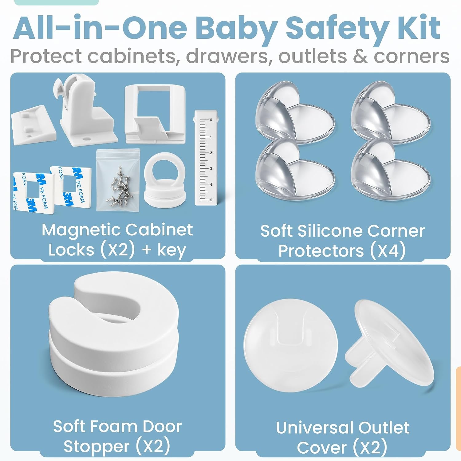 Safeborn Baby Safety Kit – Baby Proof Cabinet Locks, Magnetic Cabinet Locks, Child Safety Outlet Covers, Table Corner Covers Baby Safety – Drawer Locks Baby Proofing – Gifts for New Mom