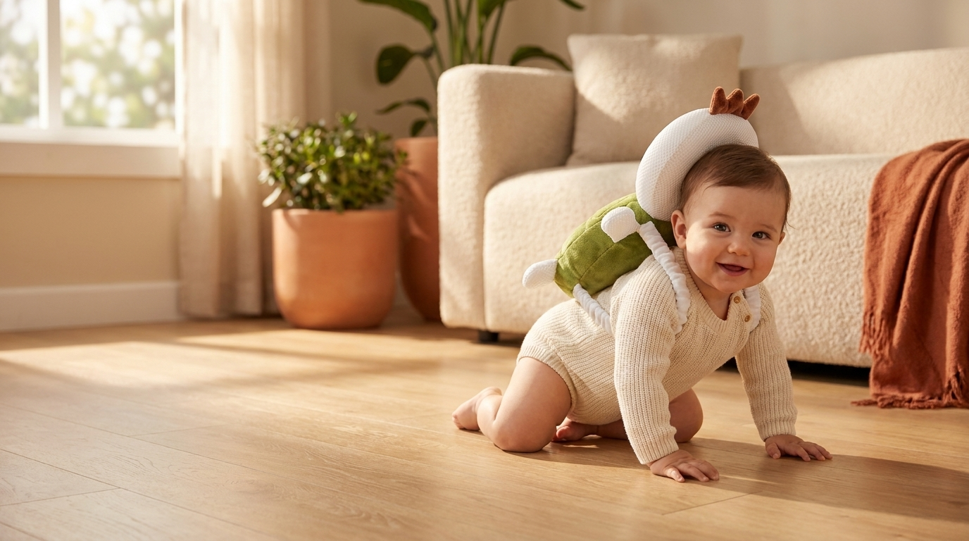 Baby crawling safely wearing the Tumblekind turtle head protector