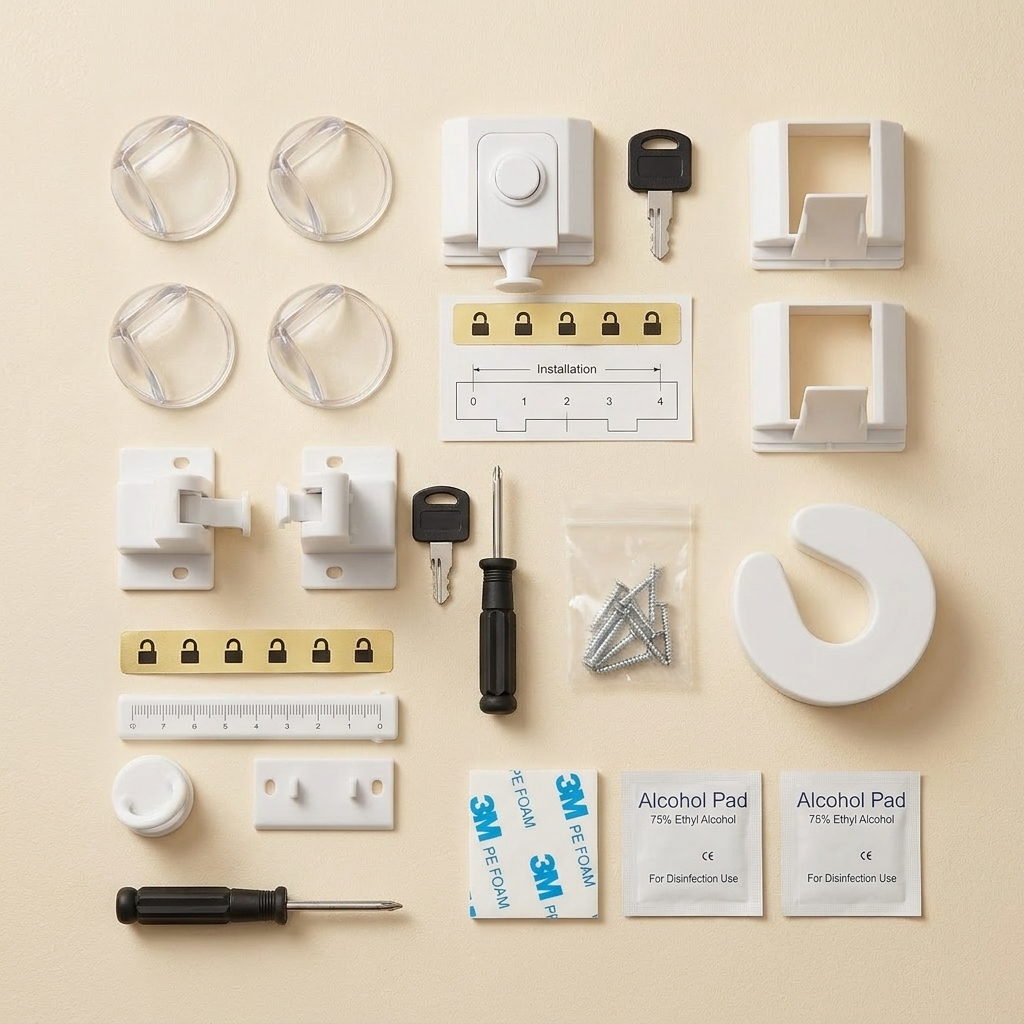 Tum Home Safety Kit - all 10 pieces laid out on cream background