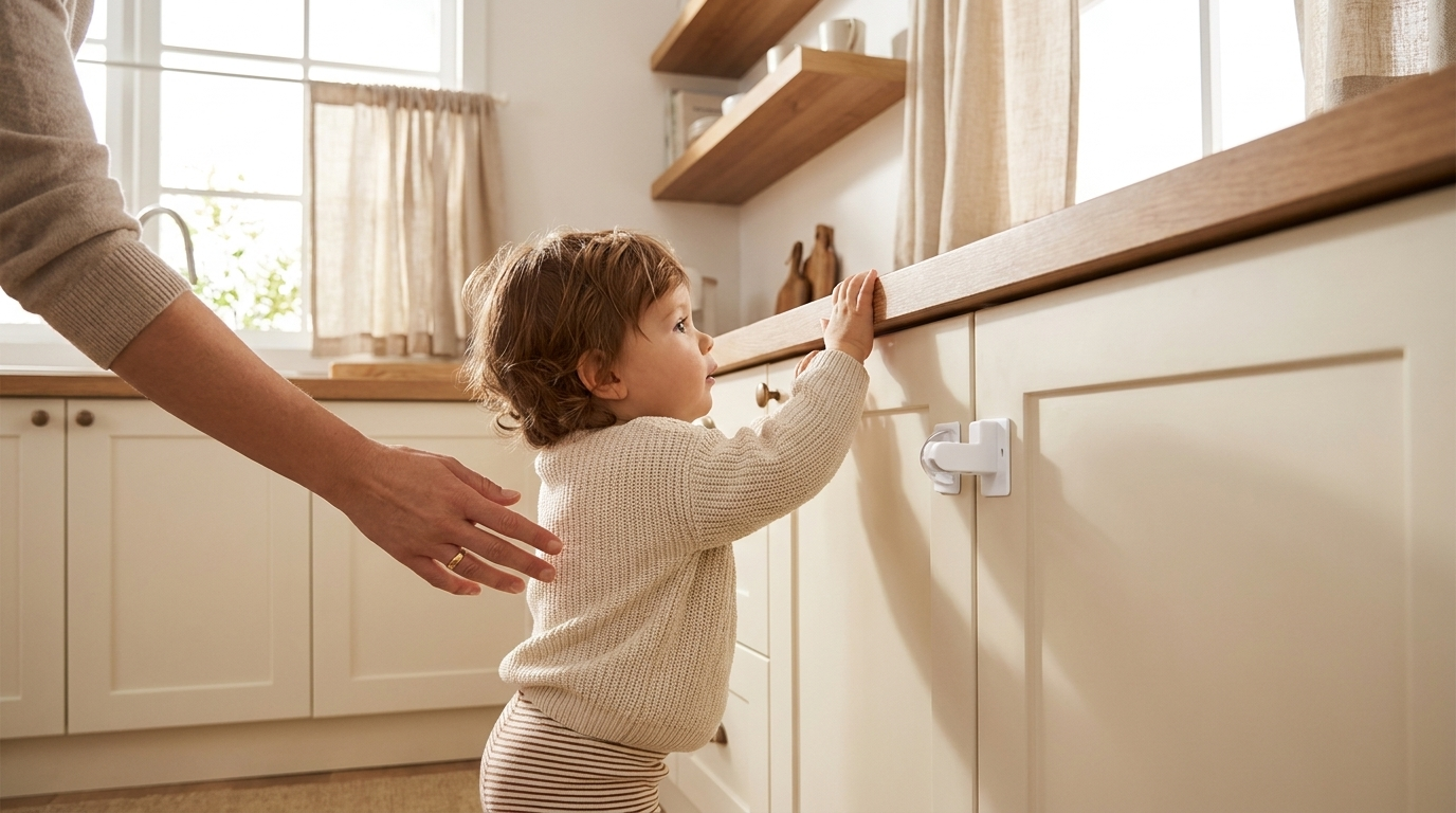 Toddler safely stopped by Tum magnetic cabinet lock in kitchen