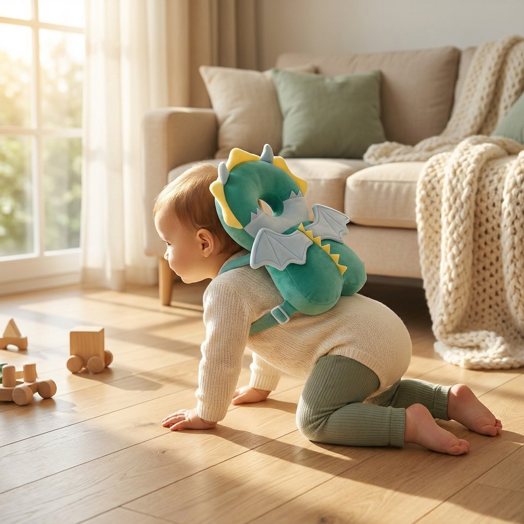 Toddler crawling wearing the Tum Dragon Edition head protector